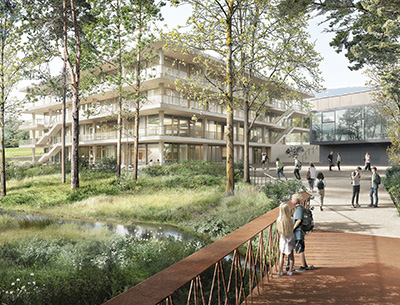 Campus hub back view, forest stream image